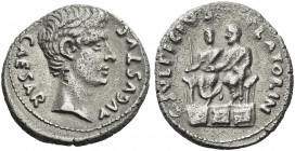 Roman Empire. Octavian as Augustus, 27 BC – 14 AD. 
C. Sulpicius Platorinus. Denarius 13 BC, AR 3.73 g. CAESAR – AVGVSTVS Bare head of Augustus r. Re...
