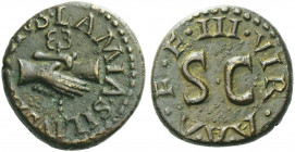 Roman Empire. Octavian as Augustus, 27 BC – 14 AD. 
Lamia, Silius, and Annius. Quadrans 9 BC, Æ 3.89 g. LAMIA SILIVS [ANNIVS] Two clasped r. hands ho...