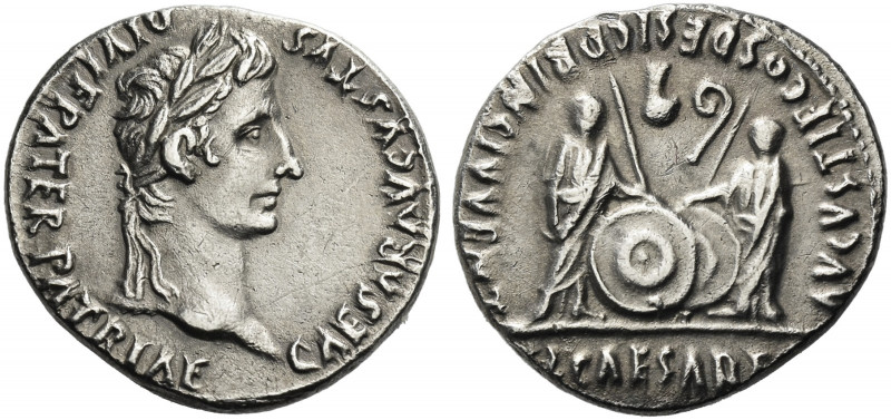 Roman Empire. Octavian as Augustus, 27 BC – 14 AD. 
Denarius, Lugdunum 2 BC- 4 ...