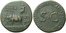 Roman Empire. Octavian as Augustus, 27 BC – 14 AD. 
Divus Augustus. Sestertius 35-36, Æ 28.35 g. DIVO / AVGVSTO / S P Q R Quadriga of elephants l. ca...