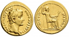 Roman Empire. Tiberius augustus, 14 – 37.
Aureus, Lugdunum 14-37, AV 7.83 g. TI CAESAR DIVI – AVG F AVGVSTVS Laureate head r. Rev. PONTIF MAXIM Drape...