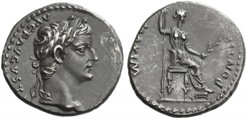 Roman Empire. Tiberius augustus, 14 – 37. 
Denarius, Lugdunum 14-37, AR 3.78 g....