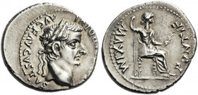 Roman Empire. Tiberius augustus, 14 – 37. 
Denarius, Lugdunum 14-37, AR 374 g. [TI CAESAR] DIVI – AVG F AVGVSTVS Laureate head r. Rev. PONTIF MAXIM D...