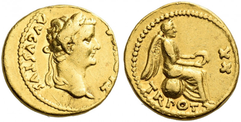 Roman Empire. Tiberius augustus, 14 – 37. 
Quinarius, Lugdunum 18-19, AV 3.87 g...