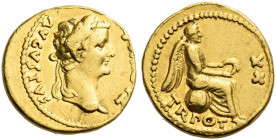 Roman Empire. Tiberius augustus, 14 – 37. 
Quinarius, Lugdunum 18-19, AV 3.87 g. TI DIVI F – AVGVSTVS Laureate head r. Rev. TR POT – XX Victory seate...