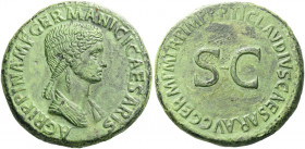 Roman Empire. In the name of Agrippina Senior, mother of Gaius. 
Sestertius circa 50-54, Æ 28.33 g. AGRIPPINA M F GERMANICI CAESARIS Draped bust r.; ...