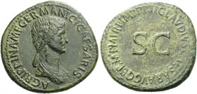 Roman Empire. In the name of Agrippina Senior, mother of Gaius. 
Sestertius circa 50-54, Æ 28.65 g. AGRIPPINA M F GERMANICI CAESARIS Draped bust r.; ...