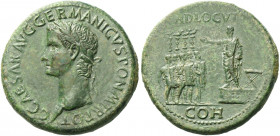 Roman Empire. Gaius augustus, 37-41. 
Sestertius circa 37-38, Æ 27.24 g. C CAESAR AVG GERMANICVS PON M TR POT Laureate head l. Rev. ADLOCVT Gaius, ba...