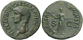 Roman Empire. Claudius augustus, 41 – 54. 
As circa 41-50, Æ 11.30 g. TI CLAVDIVS CAESAR AVG IMP P M TR P Bare head l. Rev. LIBERTAS – AVGVSTA / S – ...