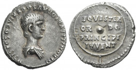 Roman Empire. Nero caesar, 50-54. 
Denarius 50-54, AR 3.66 g. NERONI CLAVDIO DRVSO GERM COS DESIGN Bare-headed, draped and cuirassed bust r. Rev. EQV...