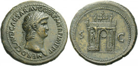 Roman Empire. Nero augustus, 54 – 68. 
Sestertius circa 65, Æ 25.85 g. NERO CLAVD CAESAR AVG GER P M TR P IMP P P Laureate head r. Rev. S – C Triumph...