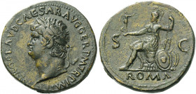 Roman Empire. Nero augustus, 54 – 68. 
Sestertius circa 65, Æ 27.87 g. NERO CLAVD CAESAR AVG GER P M TR P IMP P P Laureate head l. Rev. Roma seated l...