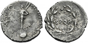 Roman Empire. The Civil Wars, 68 – 6950 . 
Denarius, Gaul 68/69, AR 3.39 g. SALVS GENERIS – HVMANI Victory standing l. on globe holding wreath in r. ...