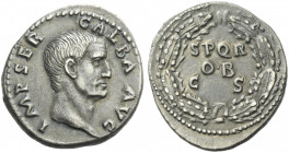 Roman Empire. Galba, 68 – 69. 
Denarius circa 68 – 69, AR 3.46 g. IMP SER GALBA AVG Bare head r. Rev. S P Q R / OB / CS in oak wreath. C 287. BMC 34 ...