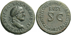 Roman Empire. Galba, 68 – 69. 
Divus Galba. Sestertius 80-81, Æ 25.51 g. IMP SER SVLP GALBA CAES AVG TR P Laureate head r. Rev. Legend around REST S ...