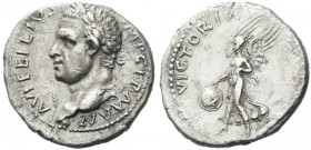 Roman Empire. Vitellius, January – December 69. 
Denarius, Tarraco (?) 69, AR 3.59 g. A VITELLIVS – IMP GERMAN Laureate head l. with globe at point o...