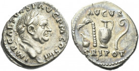 Roman Empire. Vespasian augustus, 69 – 79. 
Denarius 72-73, AR 3.23 g. IMP CAES VESP AVG P M COS IIII Laureate head r. Rev. AVGVR / TRI POT Priestly ...