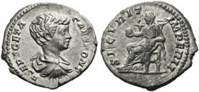 Roman Empire. Geta caesar, 198 – 209. 
Denarius, 200-202, AR 3.04 g. P SEPT GETA - CAES PONT Bare-headed, draped, and cuirassed bust r. Rev. SECVRIT ...