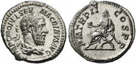 Roman Empire. Macrinus, 217 – 218. 
Denarius 217, AR 3.27 g. IMP C M OPEL SEV – MACRINVS AVG Laureate, draped and cuirassed bust r. Rev. P M TR P II–...