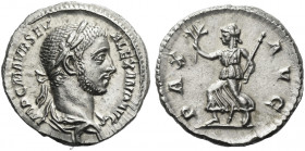 Roman Empire. Severus Alexander augustus, 222 – 235. 
Denarius 226, AR 3.52 g. IMP C M AVR SEV – ALEXAND AVG Laureate and draped bust r. Rev. PAX – A...