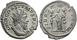 Roman Empire. Postumus, 260 – 269. 
Antoninianus, Treveri 261, AR 2.78 g. IMP C POSTVMVS P F AVG Radiate, draped and cuirassed bust r. Rev. FIDES MIL...
