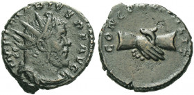 Roman Empire. Marius, 269. 
Antoninianus, Colonia 269, billon 3.81 g. IMP C MARIVS P F AVG Radiate and cuirassed bust r. Rev. CONCOR[D M]ILIT Clasped...