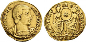 Roman Empire. Julian II caesar 355-360. 
Solidus 355–361, AV 3.93 g. D N CL IVL – IANVS N C Bare-headed, draped and cuirassed bust r. Rev. FEL TEMP –...