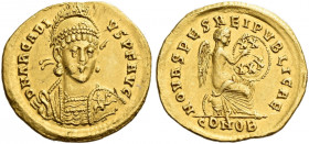 Roman Empire. Arcadius augustus, 383-408.
Solidus, Constantinopolis 402-403, AV 4.44 g . D N ARCADI – VS P F AVG Helmeted, pearl-diademed and cuirass...