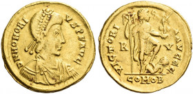 Roman Empire. Honorius, 393 – 424. 
Solidus, Ravenna 402-403, 405-406, AV 4.43 g. D N HONORI – VS P F AVG Pearl-diademed, draped and cuirassed bust r...
