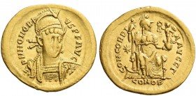 Roman Empire. Honorius, 393 – 424.
Solidus, Constantinopolis 408-420, AV 4.31 g. D N HONORI – VS P F AVG Helmeted, pearl-diademed and cuirassed bust ...