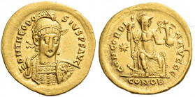 Roman Empire. Theodosius II, 408 – 450. 
Solidus, Constantinopolis 408-420, AV 4.21 g. D N THEODO – SIVS P F AVG Helmeted, pearl-diademed and cuirass...