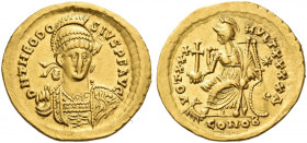 Roman Empire. Theodosius II, 408 – 450. 
Solidus, Constantinopolis 430-440, AV 4.24 g. D N THEODO – SIVS P F AVG Helmeted, pearl-diademed and cuirass...