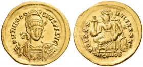 Roman Empire. Theodosius II, 408 – 450. 
Solidus, Constantinopolis 430-440, AV 4.39 g. D N THEODO – SIVS P F AVG Helmeted, pearl-diademed and cuirass...