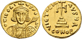 The Byzantine Empire. Tiberius III Apsimar, 698 – 705. 
Solidus 698-705, AV 4.33 g. D tIbЄRI – ЧS PЄ – AV Bearded and cuirassed bust facing, wearing ...