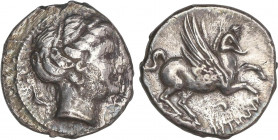 CELTIBERIAN COINS
Dracma. 200-110 a.C. EMPORITON (SANT MARTÍ D´EMPÚRIES, Girona). Anv.: Cabeza de Perséfone a derecha, con la banda del peinado termi...
