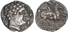 CELTIBERIAN COINS
Denario. 200-20 a.C. ILTIRTASALIRBAN (LLEIDA). Anv.: Cabeza imberbe a derecha, rodeada de tres delfines. Rev.: Jinete con palma y c...