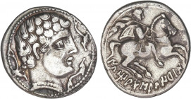 CELTIBERIAN COINS
Denario. 200-20 a.C. ILTIRTASALIRBAN (LLEIDA). Anv.: Cabeza imberbe a derecha, rodeada de tres delfines. Rev.: Jinete con palma y c...