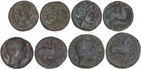 CELTIBERIAN COINS
Lote 4 monedas As. 200-20 a.C. ILTIRTA (LLEIDA). Anv.: Cabeza masculina a derecha, rodeada por tres delfines. Rev.: Jinete con palm...