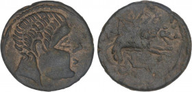 CELTIBERIAN COINS
As. 220-200 a.C. ILTIRTA (LLEIDA). Anv.: Cabeza masculina a derecha. Rev.: Lobo saltando a derecha, encima leyenda ibérica. 5,29 gr...