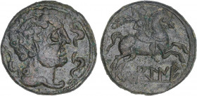 CELTIBERIAN COINS
As. 120-20 a.C. LAGINE (Zona de ARAGÓN). Anv.: Cabeza masculina a derecha con adornos en el cuello, rodeada por tres delfines. Rev....