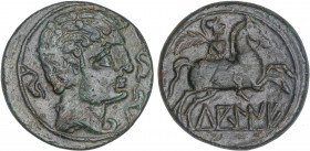 CELTIBERIAN COINS
As. 120-20 a.C. LAGINE (Zona de ARAGÓN). Anv.: Cabeza masculina a derecha con adornos en el cuello, rodeada por tres delfines. Rev....