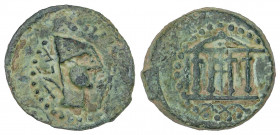 CELTIBERIAN COINS
Cuadrante. 200-20 a.C. MALACA (Málaga). Anv.: Cabeza de Vulcano a derecha, con gorro puntiagudo con puntos, delante tenazas, detrás...