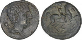 CELTIBERIAN COINS
As. 120-20 a.C. CESE (TARRAGONA). Anv.: Cabeza masculina a derecha, detrás casco. Rev.: Jinete con palma a derecha, debajo leyenda ...
