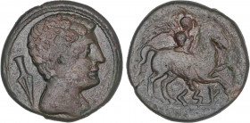 CELTIBERIAN COINS
As. 120-20 a.C. CESE (TARRAGONA). Anv.: Cabeza masculina a derecha, detrás punta de lanza. Rev.: Jinete con palma a derecha, debajo...