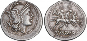 ROMAN COINS: ROMAN REPUBLIC
Denario. 211-209 a.C. ANÓNIMO. SUR de ITALIA. Rev.: Dióscuros a caballo a derecha encima puntos. En exergo: ROMA parte in...