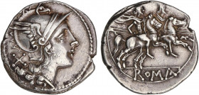 ROMAN COINS: ROMAN REPUBLIC
Denario. 205-203 a.C. ANÓNIMO. SUR de ITALIA. Rev.: En exergo: ROMA en relieve. Puntos encima de los Dióscuros no visible...
