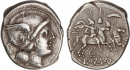 ROMAN COINS: ROMAN REPUBLIC
Denario. 211-208 a.C. ANÓNIMO. ITALIA CENTRAL. Rev.: Dióscuros a caballo a derecha, encima estrellas, apex y martillo. En...