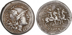ROMAN COINS: ROMAN REPUBLIC
Denario. 208-206 a.C. ANÓNIMO. ITALIA CENTRAL. Rev.: Dióscuros a caballo a derecha, encima estrellas, debajo cetro. En ex...