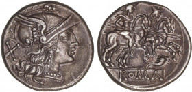 ROMAN COINS: ROMAN REPUBLIC
Denario. 208-206 a.C. ANÓNIMO. Rev.: Dióscuros a caballo a derecha, (encima estrellas), debajo cornucopia. 3,70 grs. Páti...