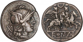 ROMAN COINS: ROMAN REPUBLIC
Denario. 208-206 a.C. ANÓNIMO. Rev.: Dióscuros a caballo a derecha, encima estrellas y creciente. 3,54 grs. Pátina oscura...